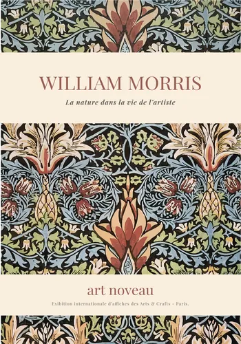 Vintage William Morris style floral poster with intricate botanical pattern in saturated deep greens and burgundy jewel tones.