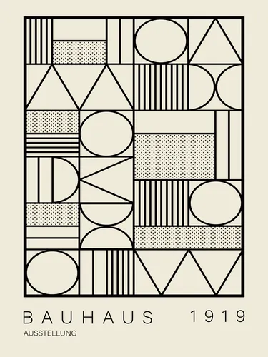 Black and white Bauhaus geometric poster with stark modernist shapes and structured typography in high contrast.